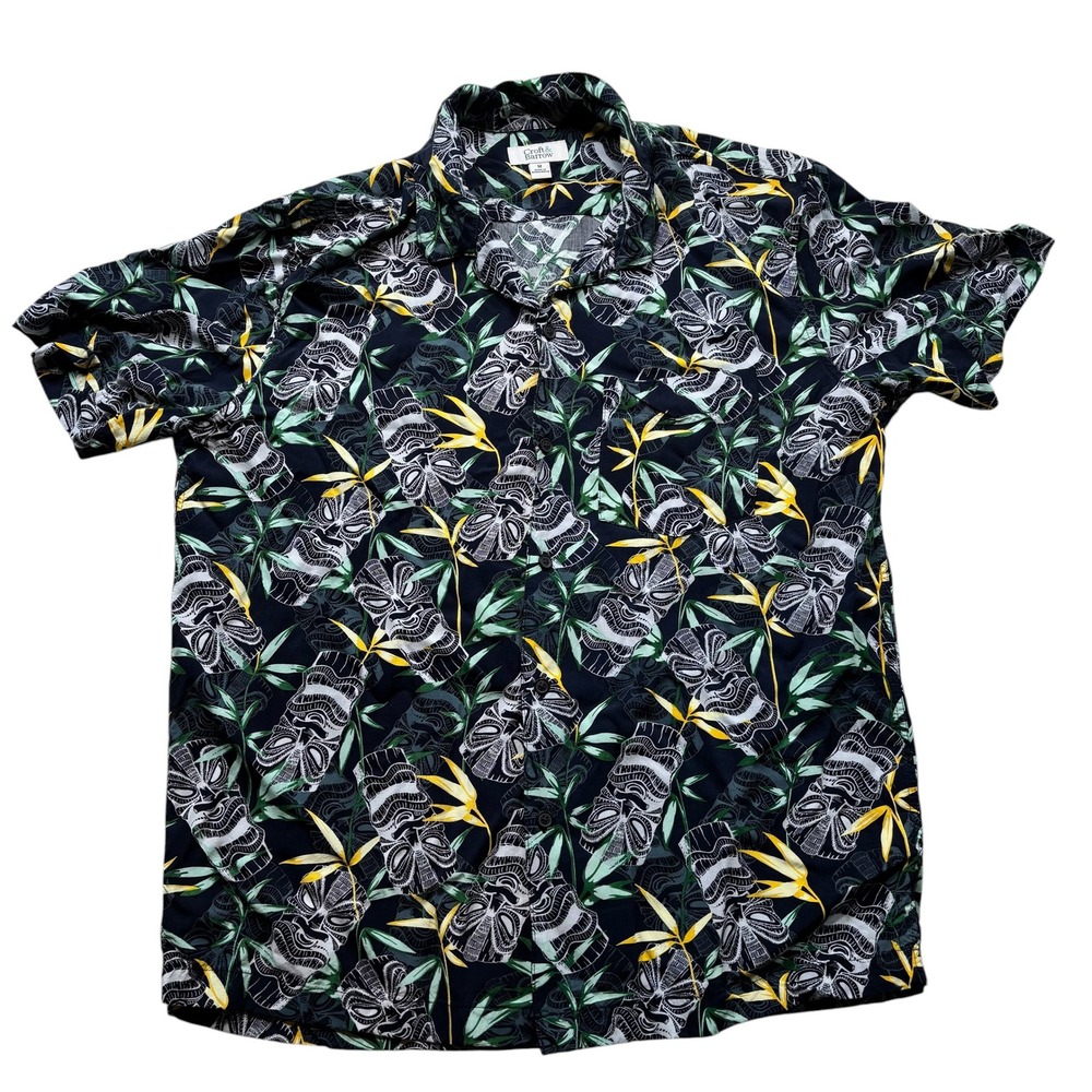 Croft & Barrow‎ Tiki Mask Bamboo Print Rayon Short Sleeve Shirt Black Med #656
